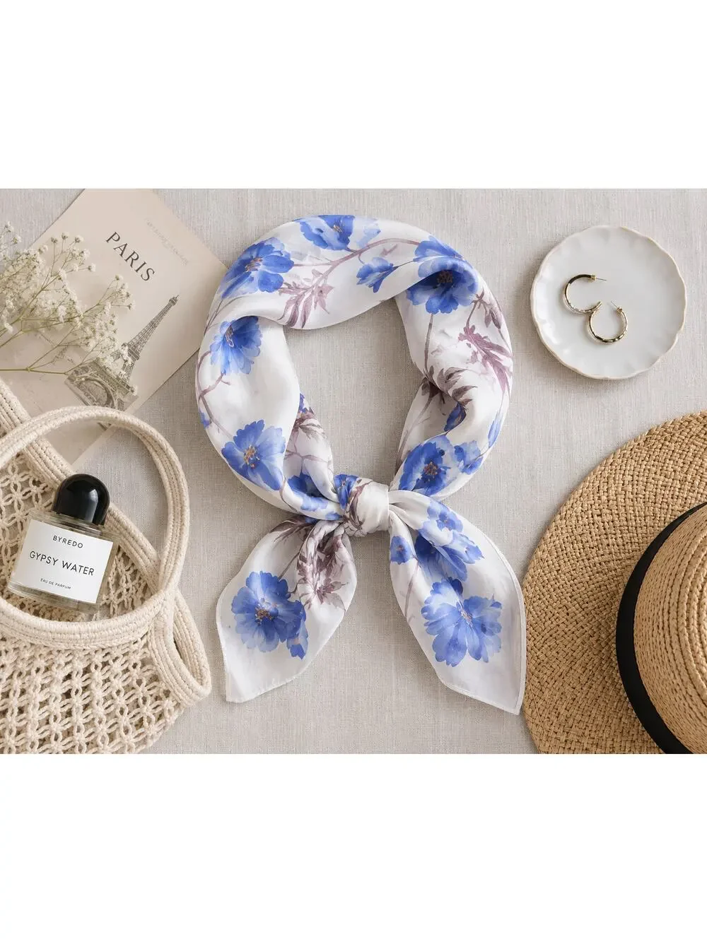 Vintage Floral Scarf Blue White Handkerchief Scarf Cottagecore Scarf Romantic